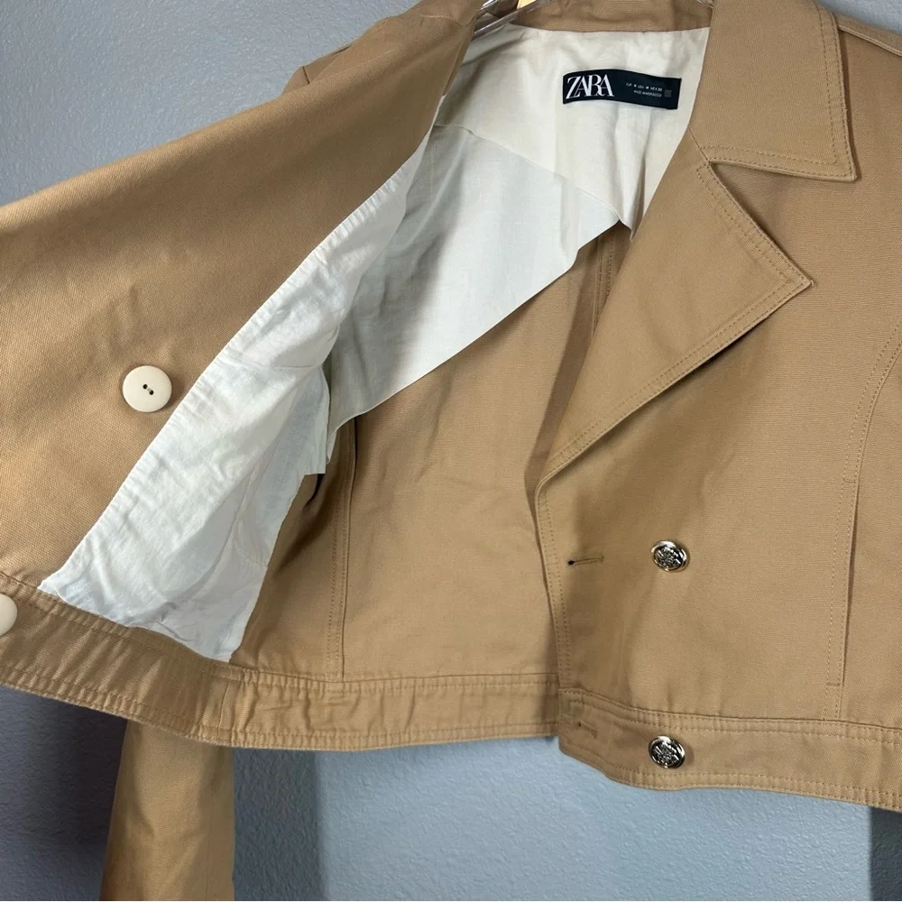 ZARA Women's Medium Tan Double Breasted Cropped Jacket Gold Buttons - Picture 5 of 12
